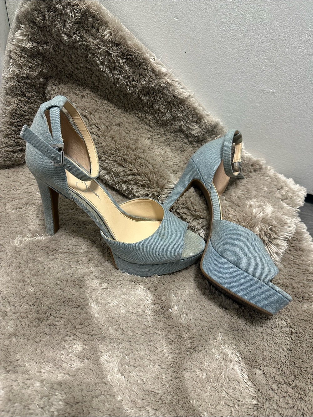 Jessica Simpson Light Blue Denim Platform Ankle-Strap Heels
